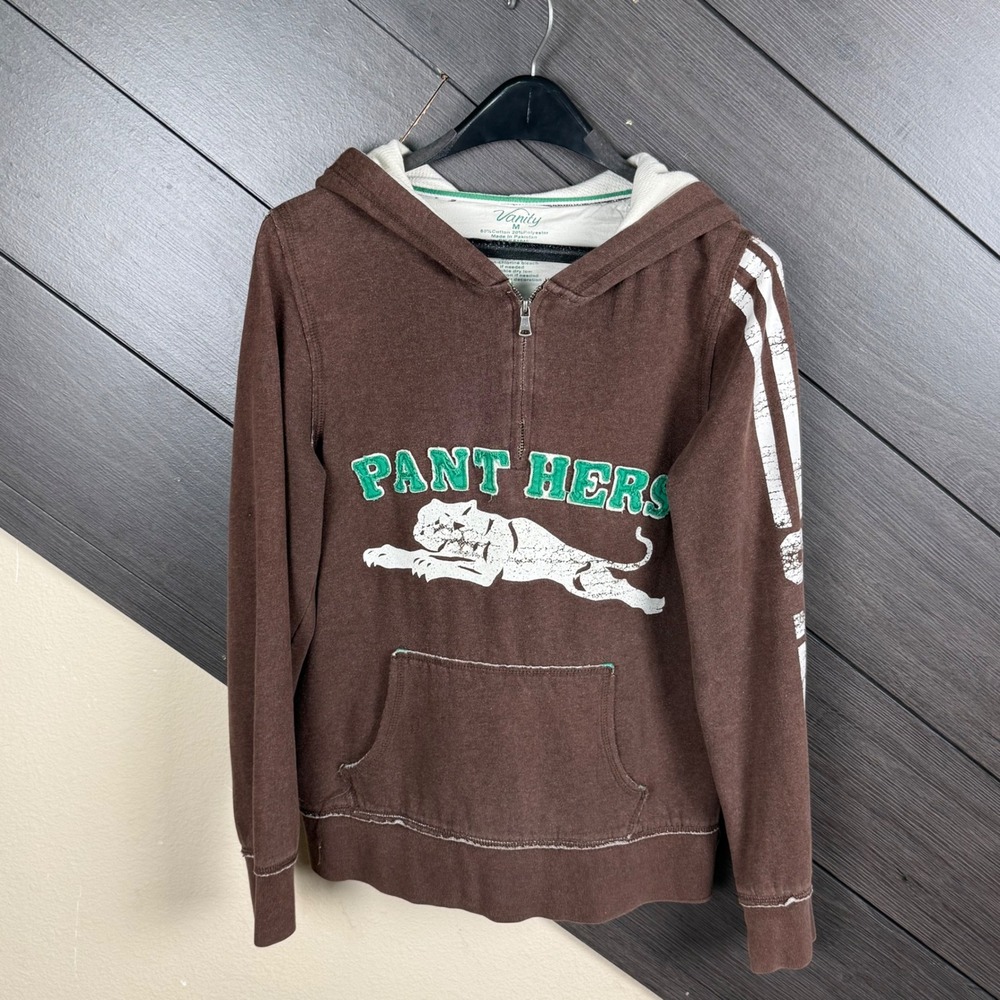 Vanity Women's Medium Brown Panthers Distressed Half Zip Hoodie Y2K Varsity